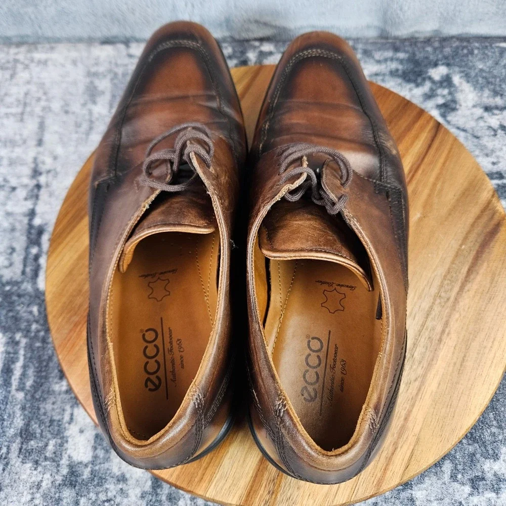ECCO Mens Shoes 45 US 11 Brown Burnished Leather Apron Toe Derby Shock Point